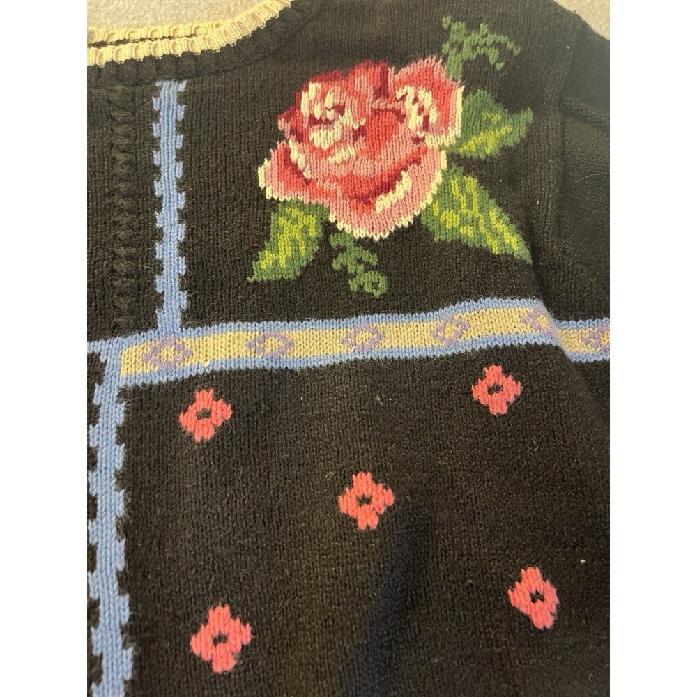 VTG 80’s 90’s Lizwear Liz Claiborne Sweater Embroidered Roses Women’s  Lg Black - Picture 5 of 13